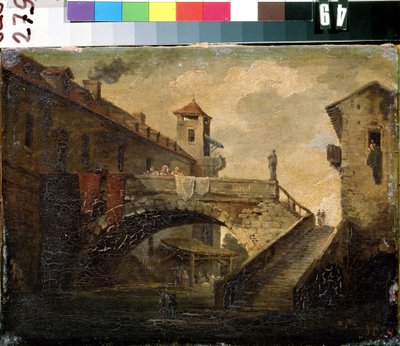 ""Maisema ranskalaisessa kylässä"" Silta ja joki suositulla alueella. Ranskan koulumaalaus. 1700-luvun alun Mikhail Kroshitskyn taidemuseo, Sevastopol (Sevastopol) Ukraina tekijältä French School