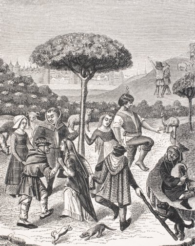 Toukokuun juhlien talonpoikaistanssit 1400-luvun rukouskirjan pienoismallin jälkeen Paul Lacroix