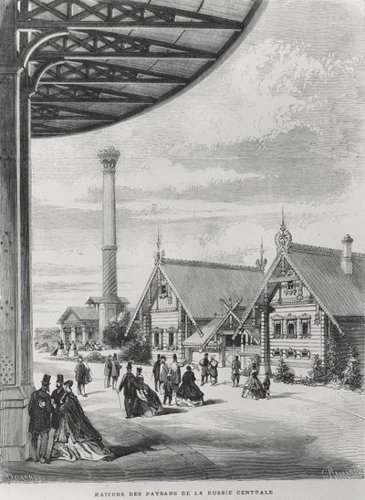 Talonpoikatalot Venäjän paviljongissa Exposition Universelle of 1867 -näyttelyssä (litho) tekijältä French School