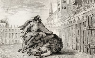 Pepin III (714-68) Lyhyt leijonan ja härän kanssa, Colartin "Histoire de France" -kirjasta, julkaistu noin 1840 tekijältä French School