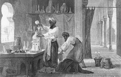 Persialainen alkemisti Rhazes laboratoriossa (kaiverrus) tekijältä French School