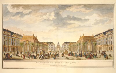 Perspektiivinäkymä Place de Louis le Grandille ja huoneet, jotka on rakennettu Monseigneur le Dauphinin hääjuhlaa varten (värikaiverrus) tekijältä French School