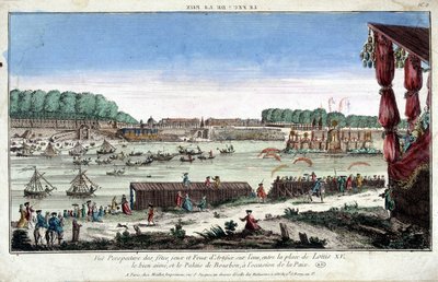 Perspektiivinäkymä juhliin, peleihin ja ilotulitteisiin vedessä Place Louis XV:n ja Palais Bourbonin välissä rauhan kunniaksi tekijältä French School