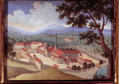 Perspektiivinäkymä Port royal des champsin luostarista. Näkymä Port-Royal-des-Champsin luostarille). Anonyymi maalaus 1700-luvulta. Port Royal, Musee Des Granges. tekijältä French School