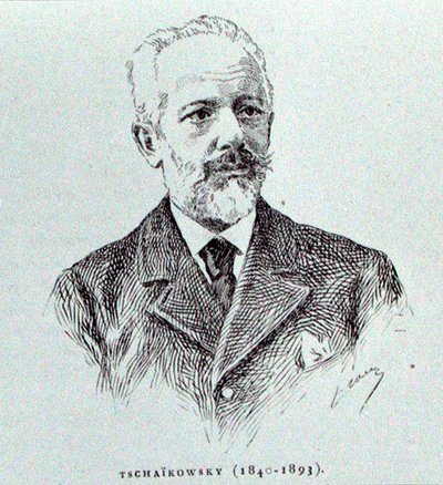 Petr Ilitsh Tchaikovski (1840-93), kuvitus Albert Soubiesin teoksesta "The History of Music in Russia", julkaistu Pariisissa tekijältä French School