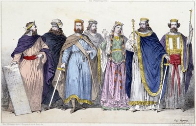 Pharamond, Clodion, Merovee, Childeric, Clotilde, Clovis 1er ja Childebert 1er - elokuvassa "Ranskan monarkia painokuvissa"" tekijältä French School