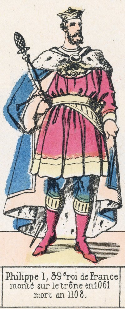 Philippe 1, 39. Ranskan kuningas, nousi valtaistuimelle vuonna 1061, kuoli vuonna 1108 (värinen kaiverrus) tekijältä French School