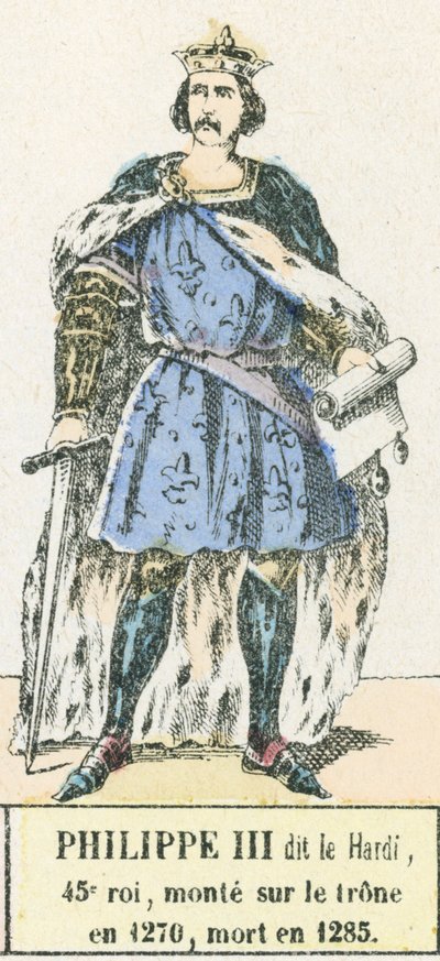 Philippe III dit le Bold, 45. kuningas, nousi valtaistuimelle vuonna 1270, kuoli vuonna 1285 (värinen kaiverrus) tekijältä French School