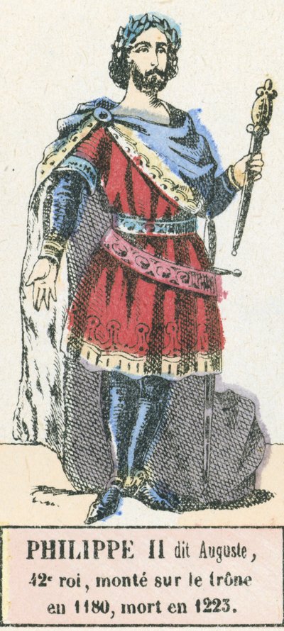 Philippe II dit Auguste, 42. kuningas, nousi valtaistuimelle vuonna 1180, kuoli vuonna 1223 (värillinen kaiverrus) tekijältä French School