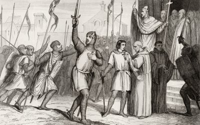 Philippe I (1052-1108) ja paavi Urbanus II (n. 1035-1099) kokosivat seuraajia ensimmäiselle ristiretkelle vuonna 1095 Colartin "Histoire de France" -teoksesta, julkaistu noin 1840 tekijältä French School
