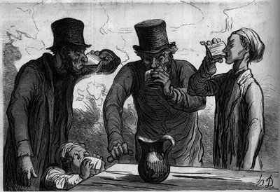 Juoman fysiologia: neljä ikää. Sarjakuva Honore Daumier (1808-1879). Kaiverrus "" Le Monde Illustré" -julkaisussa nro 289, 25. lokakuuta tekijältä French School