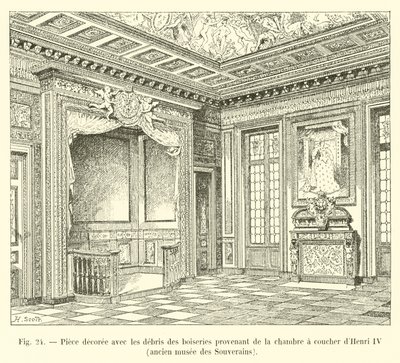 Huone on koristeltu Henri IV:n, entisen Sovereigns Museumin, makuuhuoneesta peräisin olevilla puutyöstöillä tekijältä French School