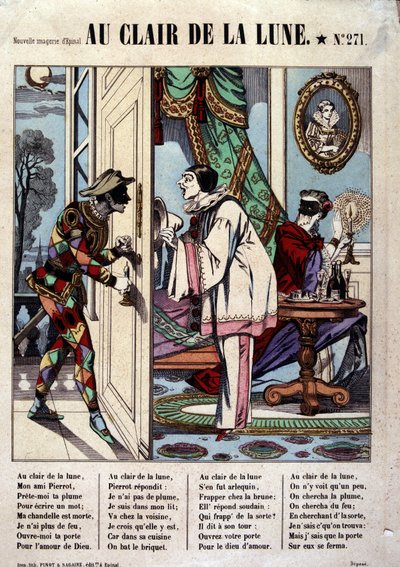 Pierrot, Harlequin ja naapuri, sairas. kappaleesta "Au clair de la lune", kuva Epinalista tekijältä French School