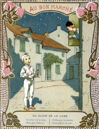 Pierrot kynttilän kanssa, "" Au clair de la lune"" - "Le Bon Marchén" etiketti" tekijältä French School