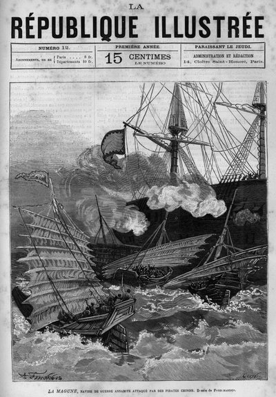 Piratismi: Annamiten sotalaiva "" La Magune"" joutui kiinalaisten merirosvojen kimppuun. Sanomalehti. Kaiverrus vuodelta 1880 ”La republique illustree”” yksityiskokoelmassa. tekijältä French School