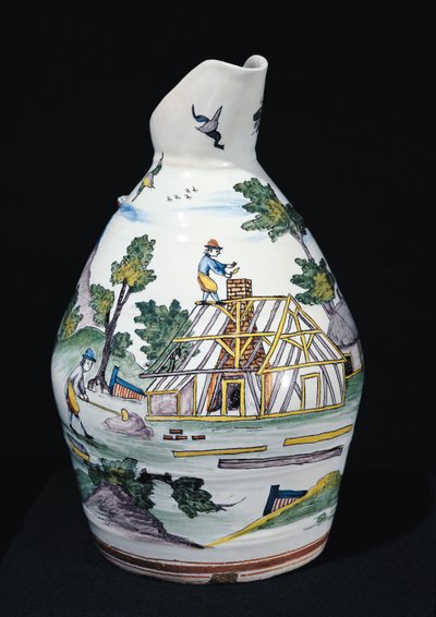 Kannu, joka kuvaa rakennuksen rakentamista, Sinceny, n. 1740-1750 (fajanssi) tekijältä French School