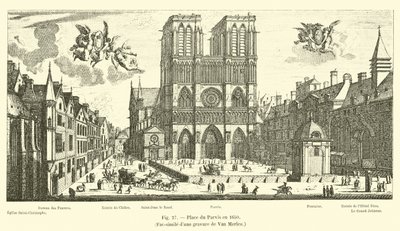 Place du Parvis vuonna 1650, faksimile Van Merlenin kaiverruksesta tekijältä French School