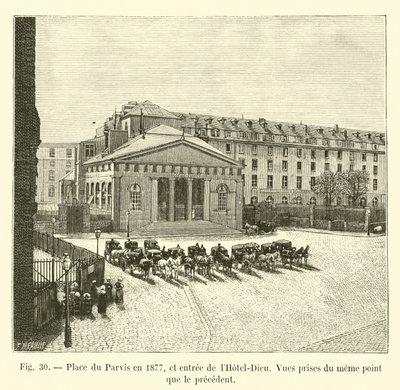 Place du Parvis vuonna 1877 ja sisäänkäynti Hôtel-Dieuhun, näkymät samasta pisteestä kuin edellinen tekijältä French School