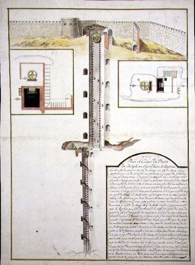 Kaivon pohjapiirros ja poikkileikkaus, noin 1700 (vesiväri paperille). tekijältä French School