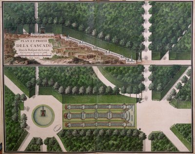 Suunnitelma ja poikkileikkaus kaskadista Levantin lehdossa, Gardens at Marlysta, 1700-luvun alussa (wc paperilla) (katso myös 174228) tekijältä French School