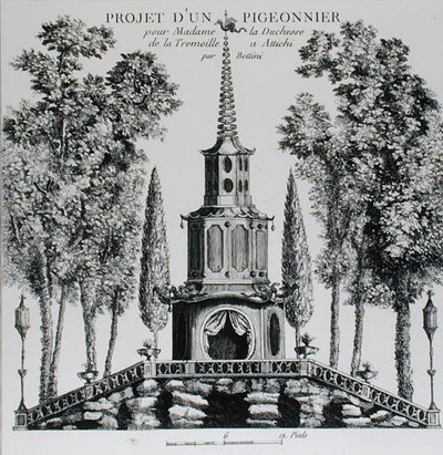 Suunnitelma Pigeon House -julkaisusta "Details des Nouveaux Jardins a la Mode", kirjoittanut George Louis Le Rouge, julkaistu n. 1775-1778 (kaiverrus) (m/w kuva) tekijältä French School