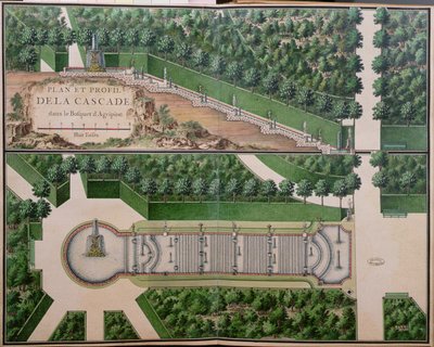 Suunnitelma kaskadista Agrippinan lehdossa Gardens at Marlysta, 1700-luvun alku (wc paperilla) (katso myös 163976) tekijältä French School