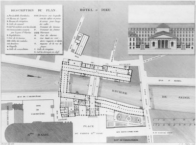 Pariisin Hotel-Dieun kartta, kuva Kuvaus des Hopitaux de Parisista, kaiverrus Jacques Etienne Thierry (1750-1832) Bessatin jälkeen, 1808 tekijältä French School