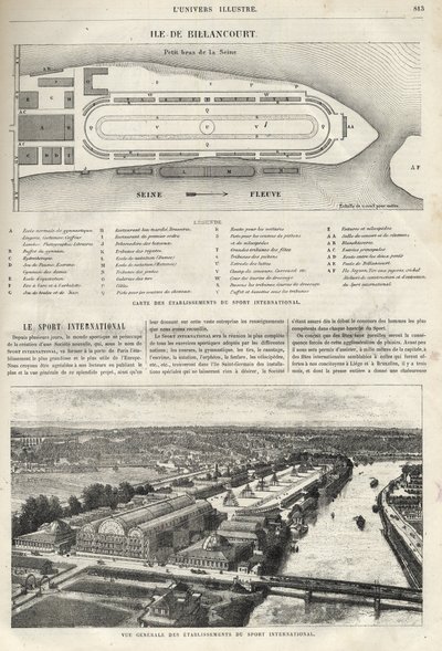 Kansainvälisen urheilun perustamissuunnitelma, joka on rakennettava Billancourtin saarelle vuonna 1869 - yleiskuva kansainvälisen urheilun laitoksista Billancourtin saarella vuonna 1869 tekijältä French School