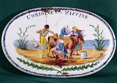 Rokotuksen alkuperää kuvaava laatta, 1700-luvun loppu (lasitettu keramiikka) tekijältä French School