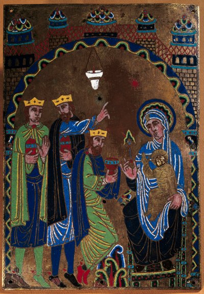 Grandmontin luostarin suuren alttarin laatta: Maagien palvonta. Emali dore ja taltta kuparilla. 1275-1300. Limogesista. Pariisi, Keskiajan kansallismuseo, Thermes de Cluny tekijältä French School