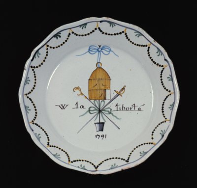Lautas, jossa avoin lintuhäkki ja legenda Vive la Liberte, 1791 (keraaminen) tekijältä French School