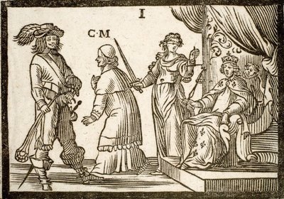 Poliittiset esitteet Mazarinade: Justice and Sling karkotti Mazarinin, jättää kuninkaan (Louis XIII). Kaiverrettu puu 1651. tekijältä French School