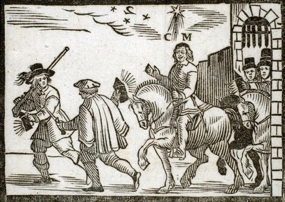 Poliittisia pamfletteja Mazarinade: Mazarin pakenee Pariisista hevosen selässä keskellä yötä kahden lyhtyjä kantavan palvelijan edellä. Kaiverrettu puu 1651 tekijältä French School