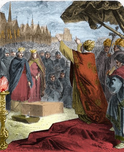 Paavi Aleksanteri III (Orlando Bandinelli) (Alessandro III) laski vuonna 1163 Notre Dame de Parisin (Notre-Dame) katedraalin ensimmäisen kiven Ranskan kuninkaan Ludvig VII:n ja eveque Maurice de Sullyn läsnäollessa. tekijältä French School