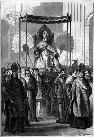 Paavi Pius IX (1792-1878) kulkee kulkueessa Pyhän Pietarin kirkkoon Roomassa (Italia) palmusunnuntaina vuonna 1861. Kaiverrus "" Le Monde Illustré" -kirjassa nro 209 13. huhtikuuta 1861. tekijältä French School