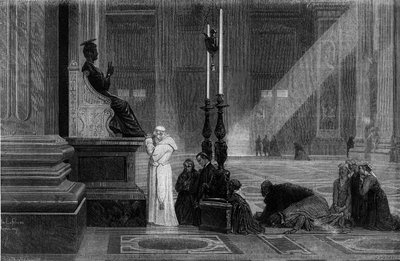 Paavi Pius IX (1792-1878) rukoili Pyhän Pietarin patsaan lähellä Pietarin basilikassa Roomassa. Kaiverrus "" Roomasta: kuvaus ja matkamuistoja", kirjoittanut Francis Wey, vuodet 1870. tekijältä French School