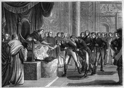Paavi Pius VII (1742-1823) vastaanottaa Roomassa ranskalaiset merimiehet kahden tiilen "Pyhä Pietari" ja Pyhä Paavali" miehistön jäsenet, jotka Bonaparte tarjosi lahjaksi paaville, elokuu 1802 - Kaiverrus vuodelta 1865 kirjaan "Histoire" du Consulate et de tekijältä French School