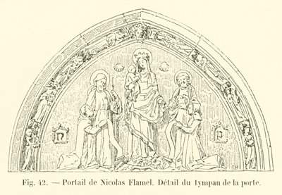 Nicolas Flamelin portaali, yksityiskohta oven tympanista tekijältä French School