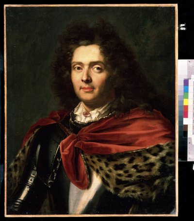 ""1700-luvun ranskalaisen aristokraatin muotokuva"" Hänellä on päällään turkisviitta panssarinsa päällä. Ranskalainen koulumaalaus 1700-luvun puolivälistä Mihail Kroshitskyn taidemuseo, Sevastopol (Sevastopol) Ukraina tekijältä French School