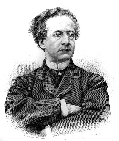 Muotokuva Jean Baptiste Prospere Bressantista (1815-1886) (Jean-Baptiste-Prospere), ranskalaisen Comedie Francaisen koomikon. Kaiverrus "Le Monde Illustressa", 30. tammikuuta 1886. tekijältä French School
