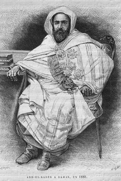 Muotokuva Abd el-Kaderista Damaskoksessa vuonna 1880 (1808-83), Syyriasta tänään. Matkustaa Foinikiassa, Libanonissa ja Juudeassa. Louis Charles Emile Lortetin 1875-1880, 1884 (bw-kaiverrus) tekijältä French School