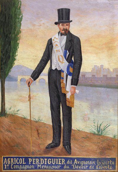 Muotokuva Avignonais-nimellä tunnetusta Agricol Perdiguierista seisomassa Rhône-joen rannalla Avignonissa, n. 1860-65 tekijältä French School