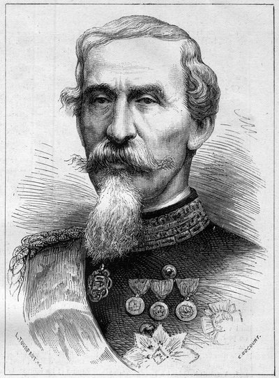 Kenraalin ja italialaisen poliitikon Alfonso Ferrero de La Marmora (Lamarmora) (1804 - 1878) muotokuva. Kaiverrus "" Le Monde Illustré" -julkaisussa nro 1085, 19. tammikuuta 1878. tekijältä French School