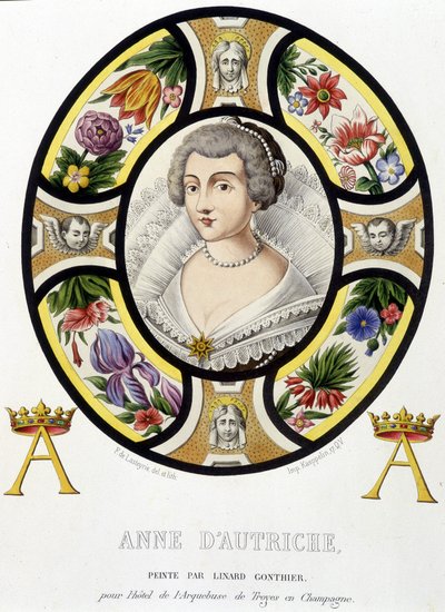 Muotokuva Anne Itävallasta, Ranskan kuningattaresta (1601-1666). Faksimile keskiajan lasimaalauksesta Ferdinand de Lasteyrien "Histoire de la peinture sur verre" tekijältä French School