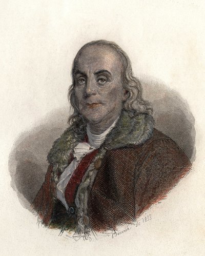 Muotokuva Benjamin Franklinista (1706-1790), yhdysvaltalainen fyysikko, filosofi ja poliitikko. kirjassa "Portraits des Hommes hyödyllinen" tekijältä French School