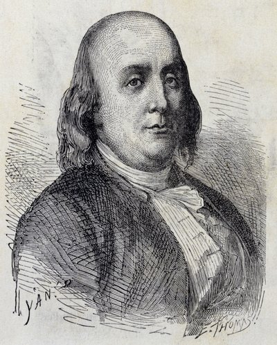 Muotokuva Benjamin Franklinista (1706 - 1790), yhdysvaltalaisesta poliitikosta, muistokirjoittajasta, pamfletista ja fyysikistä - "" Album of Sciencessä; maineikkaat tutkijat; Suuria löytöjä””” 1896. tekijältä French School