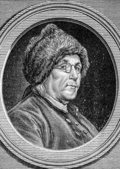 Muotokuva Benjamin Franklinista (1706 - 1790), poliitikko, muistokirjoittaja, pamflettäjä ja amerikkalainen fyysikko - "" Album de la Science -lehdessä; maineikkaat tutkijat; Suuria löytöjä””” 1896. tekijältä French School