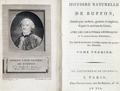 Buffonin muotokuva ja "Buffonin luonnonhistorian" nimiölehti, joka on luokiteltu Linnén järjestelmän mukaan järjestyksiin, sukuihin ja lajeihin. tekijältä French School