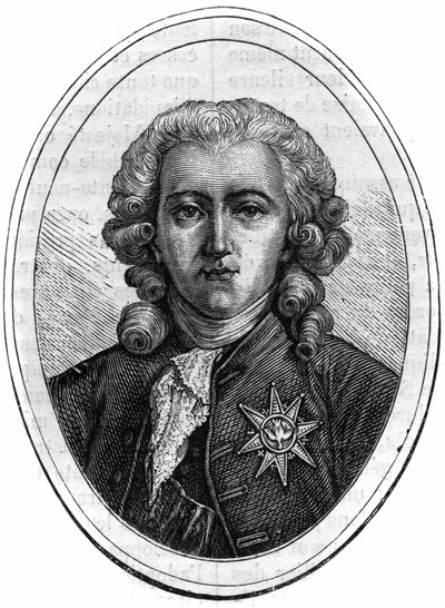 Charles Alexandre de Calonnen muotokuva, Ludvig XVI:n (1734-1802) aikainen ranskalainen poliitikko, varainhoidon valvoja. Kaiverrus Maurice Lachatren teokseen "Paavien-kuninkaiden-kuningattaren ja keisarien historia vuosisatojen ajan" tekijältä French School