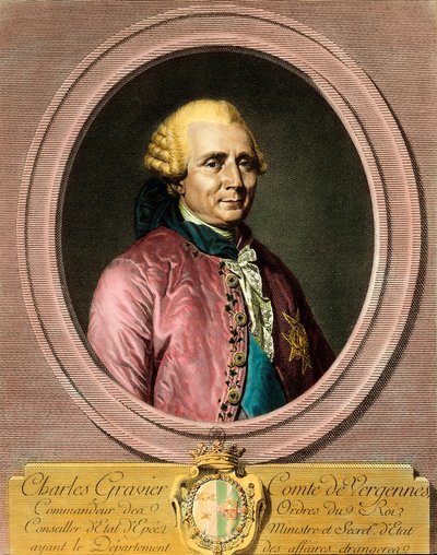 Vergennesin kreivin (1719 - 1787) Charles Gravierin muotokuva. Kaiverrus 1700-luvulta. Yksityinen kokoelma. tekijältä French School